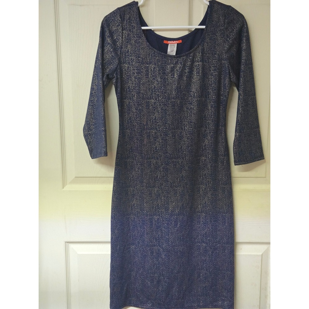 Rainbow Navy Blue Gold Metallic Foil Sheath Dress 3/4 Sleeve Large 56672